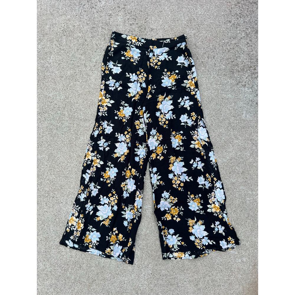 American Eagle Black Floral Wide Leg Pants‎ XS Boho Coastal Grandma Romantic